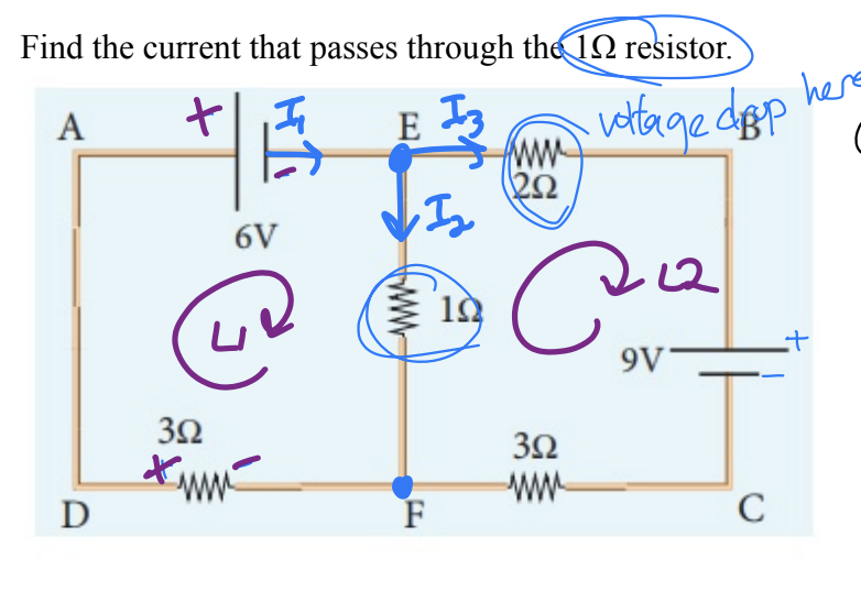 Find the current that passes through the 12 resistor.
A
46
6V
@
D
352
www
E
13
I₂
F
19
www
(252
• voltage drop here
Са
2
9V
352
www
C
+