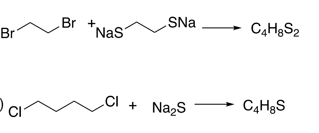 Br
CI
Br +
NaS
CI +
SNa
Na₂S
C4H8S2
C4H8S