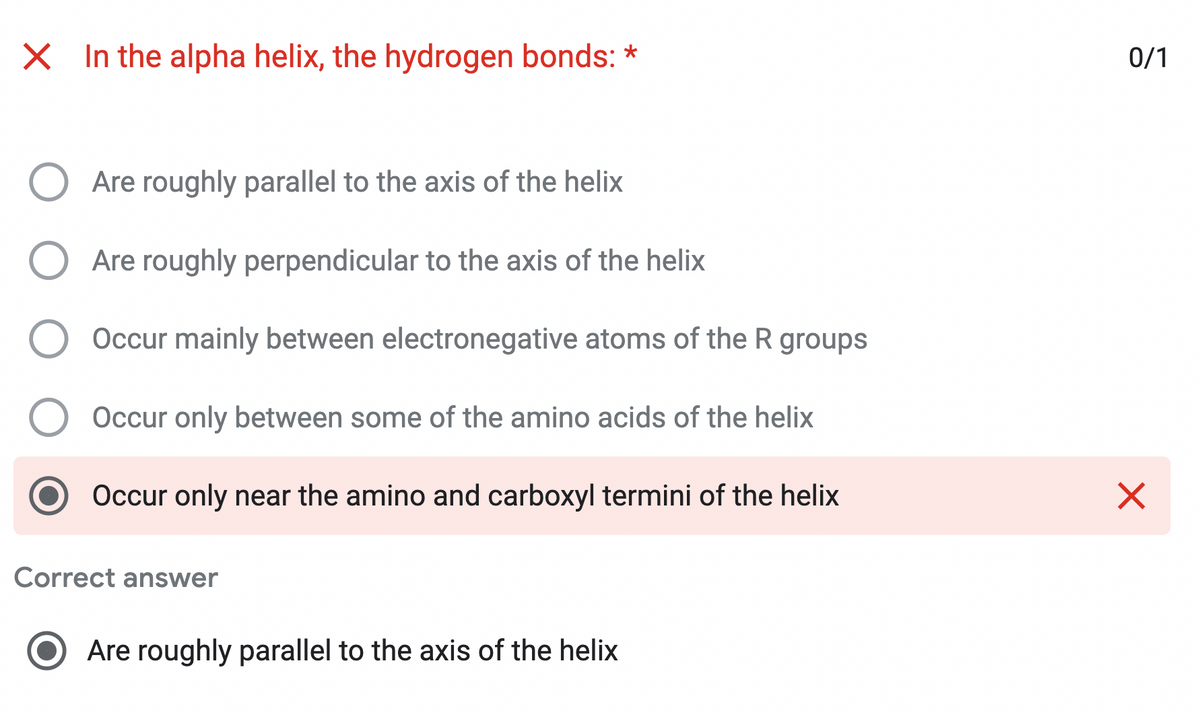 X In the alpha helix, the hydrogen bonds: *
Are roughly parallel to the axis of the helix
O Are roughly perpendicular to the axis of the helix
Occur mainly between electronegative atoms of the R groups
Occur only between some of the amino acids of the helix
Occur only near the amino and carboxyl termini of the helix
Correct answer
Are roughly parallel to the axis of the helix
0/1
X