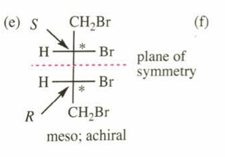 (e) S
CH,Br
(f)
H-
Br
plane of
symmetry
H-
Br
R
CH,Br
meso; achiral
