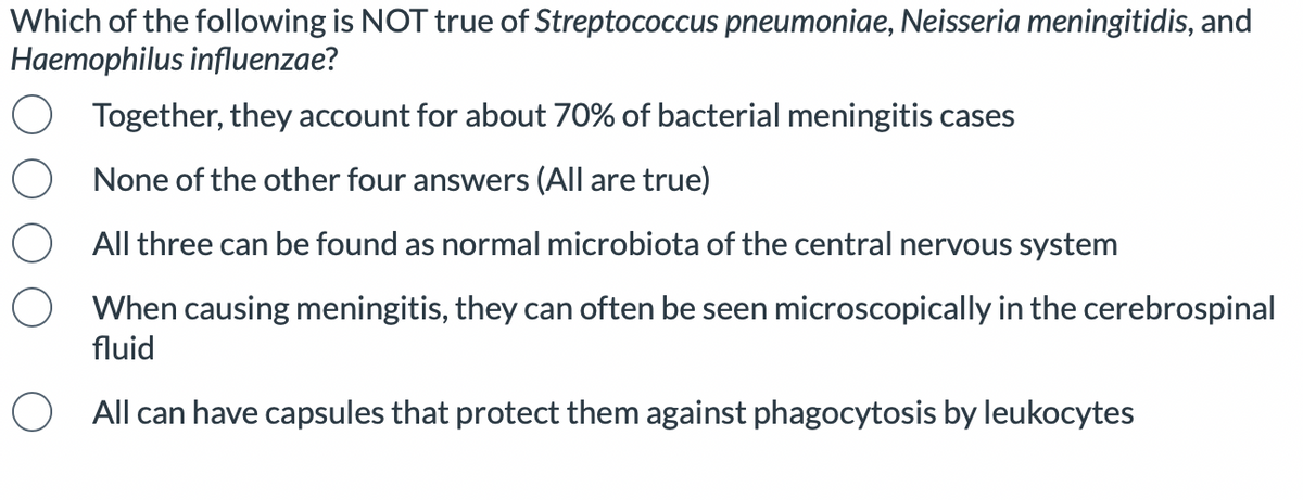 Which of the following is NOT true of Streptococcus pneumoniae, Neisseria meningitidis, and
Haemophilus influenzae?
Together, they account for about 70% of bacterial meningitis cases
None of the other four answers (All are true)
All three can be found as normal microbiota of the central nervous system
When causing meningitis, they can often be seen microscopically in the cerebrospinal
fluid
O All can have capsules that protect them against phagocytosis by leukocytes