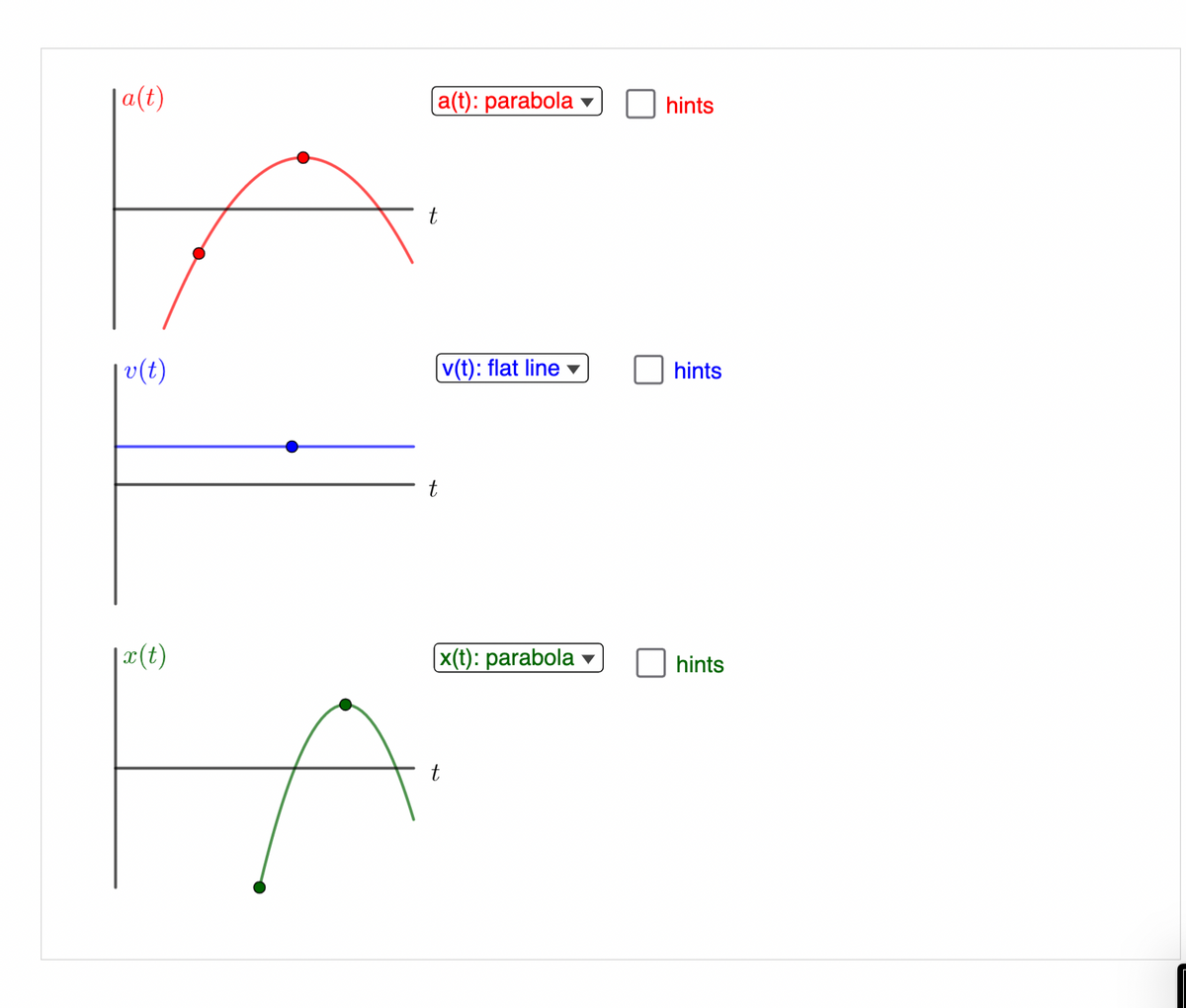 a(t)
|v(t)
|x(t)
a(t): parabola
t
t
v(t): flat line
(x(t): parabola
t
hints
hints
hints