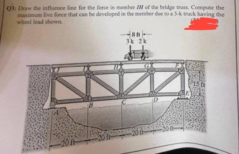 Q3: Draw the influence line for the force in member IH of the bridge truss. Compute the
maximum live force that can be developed in the member due to a 5-k truck having the
wheel load shown.
A
-20 ft-
B
20 ft
-8 ft-
3k 2k
-20 ft-
20 ft-
E
15 ft