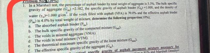 Problem No: 20%)
1. In a Marshall test, the percentage of asphalt binder by total weight of aggregate is 5.3%. The bulk specific
gravity of aggregate (G) -2.582, the specific gravity of asphalt binder (G)=1.000, and the density of
water (7)=1.000 g/cm If the voids filled with asphalt (VFA) is 70.0% and the effective asphalt binder
(P) is 4.0% by total weight of mixture, determine the following properties(10%);
a. The absorbed asphalt binder (P).
b. The bulk specific gravity of the compacted mixture (G)
c. The voids in mineral aggregate (VMA)
d. The voids in total mixture (VTM).
e. The theoretical maximum specific gravity of the loose mixture (G).
f. The effective specific gravity of the aggregate (G).
atical specific gravity of asphalt pavement mixture necessary for
Nation 91% and Marshall Density