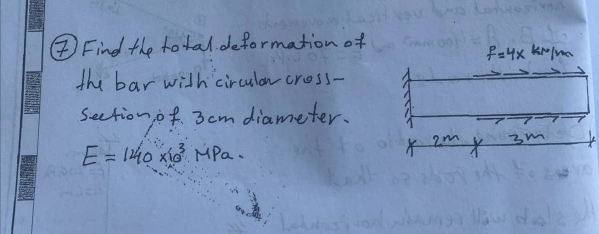19e m
Find the total deformation of
14022
the bar with circular cross-
Section of 3cm diameter.
E = 1440 x10³² MPa.
it your bones van
L
x 2m x
f=4x kr/m
3m