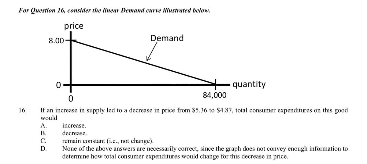 For Question 16, consider the linear Demand curve illustrated below.
price
16.
8.00
A.
B.
C.
D.
0
Demand
quantity
84,000
0
If an increase in supply led to a decrease in price from $5.36 to $4.87, total consumer expenditures on this good
would
increase.
decrease.
remain constant (i.e., not change).
None of the above answers are necessarily correct, since the graph does not convey enough information to
determine how total consumer expenditures would change for this decrease in price.