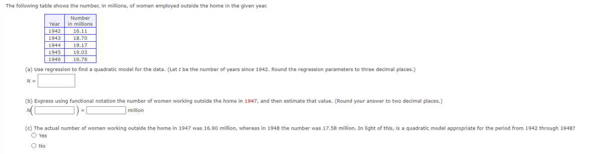 The following table shows the number, in millions, of women employed outside the home in the given year.
Year
1942
Number
in millions
16.11
18.70
1943
1944
19.17
1945
19.03
1946
16.78
(a) Use regression to find a quadratic model for the data. (Let t be the number of years since 1942. Round the regression parameters to three decimal places.)
N =
(b) Express using functional notation the number of women working outside the home in 1947, and then estimate that value. (Round your answer to two decimal places.)
million
(c) The actual number of women working outside the home in 1947 was 16.90 million, whereas in 1948 the number was 17.58 million. In light of this, is a quadratic model appropriate for the period from 1942 through 1948?
Yes
O No