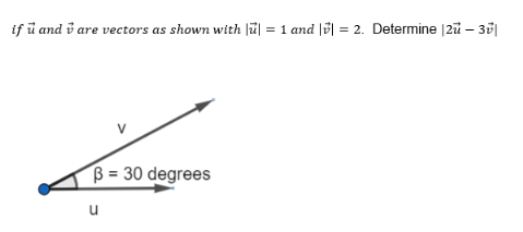 if u and v are vectors as shown with || = 1 and || = 2. Determine |2 - 3
u
B = 30 degrees