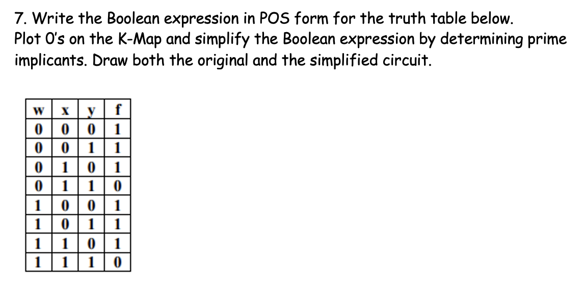 7. Write the Boolean expression in POS form for the truth table below.
Plot O's on the K-Map and simplify the Boolean expression by determining prime
implicants. Draw both the original and the simplified circuit.
Xy| f
000|1
001|1
0 101
0 11|0
1001
1011
10 1
110
1
1
