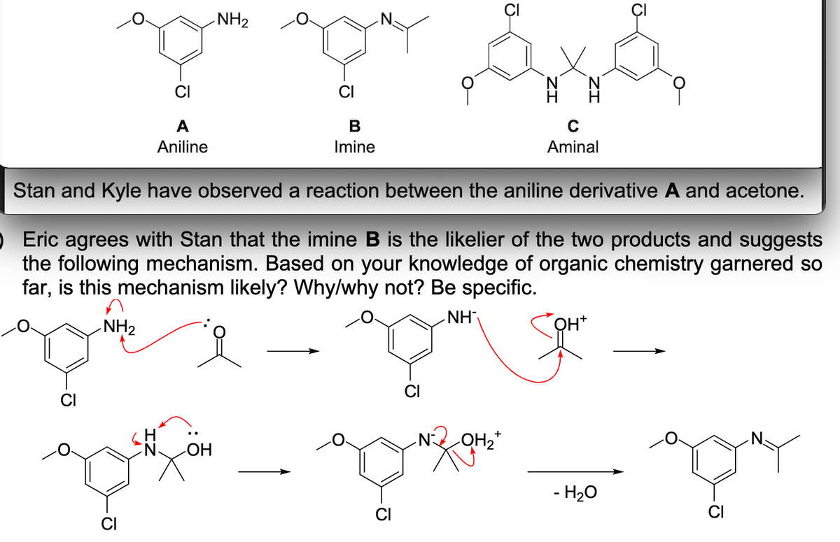 NH2
N.
'N'
CI
CI
A
В
Aniline
Imine
Aminal
Stan and Kyle have observed a reaction between the aniline derivative A and acetone.
Eric agrees with Stan that the imine B is the likelier of the two products and suggests
the following mechanism. Based on your knowledge of organic chemistry garnered so
far, is this mechanism likely? Why/why not? Be specific.
-NH
NH2
CI
CI
LOH2*
EN-
HO
- H20
CI
CI
CI
