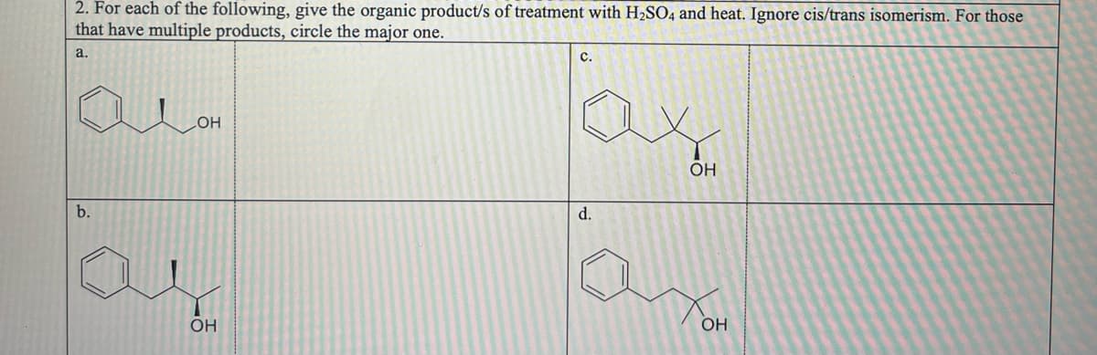 2. For each of the following, give the organic product/s of treatment with H2SO4 and heat. Ignore cis/trans isomerism. For those
that have multiple products, circle the major one.
a.
Олон
b.
OH
ОН
с.
d.
ОН
OH