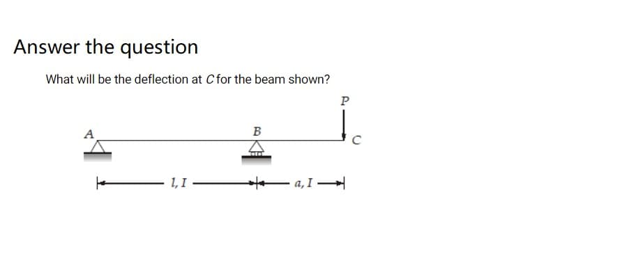 Answer the question
What will be the deflection at C for the beam shown?
A
B
1, I
t- a, I
