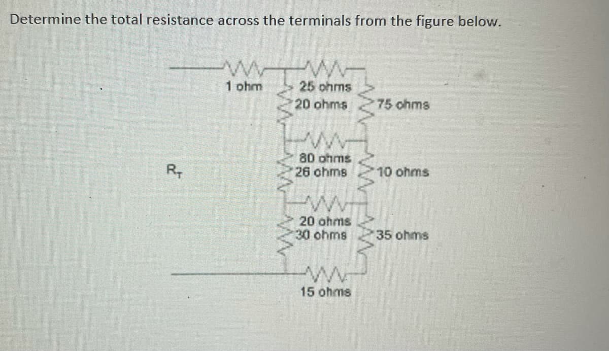 Determine the total resistance across the terminals from the figure below.
RT
ww
1 ohm
www
25 ohms
20 ohms
80 ohms
26 ohms
20 ohms
30 ohms
www
15 ohms
75 ohms
10 ohms
35 ohms