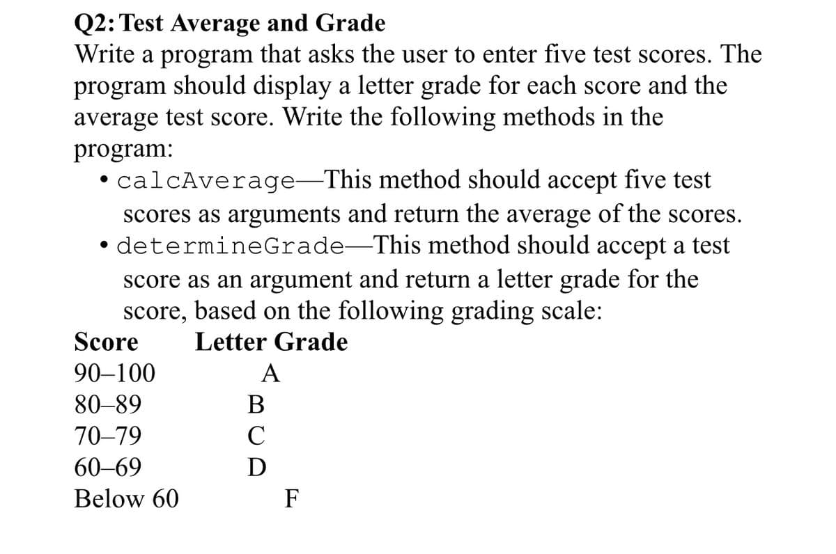 Q2: Test Average and Grade
Write a program that asks the user to enter five test scores. The
program should display a letter grade for each score and the
average test score. Write the following methods in the
program:
• calcAverage-This method should accept five test
scores as arguments and return the average of the scores.
• determine Grade-This method should accept a test
score as an argument and return a letter grade for the
score, based on the following grading scale:
Letter Grade
Score
90-100
80-89
70-79
60-69
Below 60
A
B
C
D
F