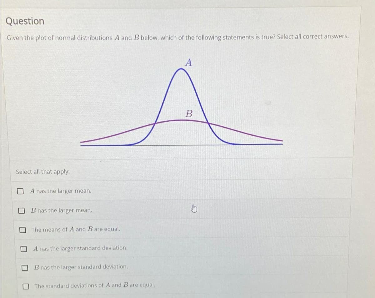 Question
Given the plot of normal distributions A and B below, which of the following statements is true? Select all correct answers.
A
A
B
Select all that apply:
☐
A has the larger mean.
B has the larger mean.
The means of A and B are equal.
A has the larger standard deviation.
B has the larger standard deviation.
The standard deviations of A and B are equal.