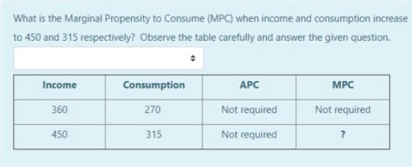 What is the Marginal Propensity to Consume (MPC) when income and consumption increase
to 450 and 315 respectively? Observe the table carefully and answer the given question.
Income
Consumption
АРС
MPC
360
270
Not required
Not required
450
315
Not required
