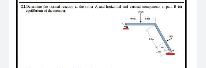 Q2:Determine the normal reaction at the roller A and horizontal and vertical components at pain B for
equilibrium of the member.
10KN
0.6m
0.6m
0.8m
60
B
0.4m
