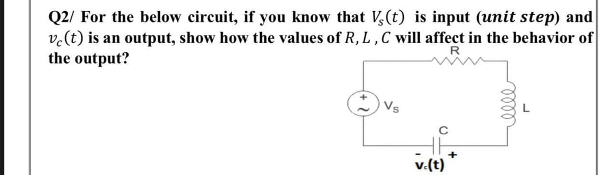 Q2/ For the below circuit, if you know that V,(t) is input (unit step) and
v.(t) is an output, show how the values of R, L, C will affect in the behavior of
the output?
Vs
C
+
v.(t)
lell
