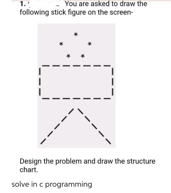 You are asked to draw the
following stick figure on the screen-
1.
Design the problem and draw the structure
chart.
solve in c programming

