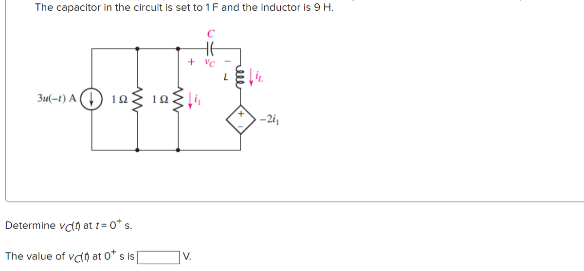 The capacitor in the circuit is set to 1 F and the inductor is 9 H.
C
HE
3u(-t) A (1) 12 {1
-2i,
Determine vd1) at t= 0* s.
The value of vd) at 0T s is
V.
