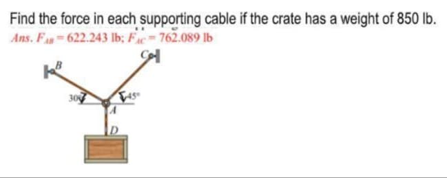 Find the force in each supporting cable if the crate has a weight of 850 lb.
Ans. FAs 622.243 lb; Fc 762.089 1b
30
