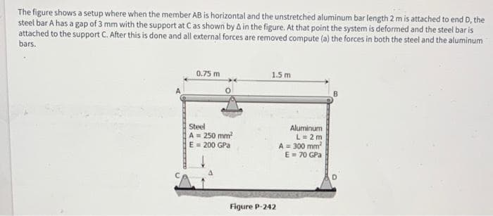 The figure shows a setup where when the member AB is horizontal and the unstretched aluminum bar length 2 m is attached to end D, the
steel bar A has a gap of 3 mm with the support at Cas shown by A in the figure. At that point the system is deformed and the steel bar is
attached to the support C. After this is done and all external forces are removed compute (a) the forces in both the steel and the aluminum
bars.
0.75 m
1.5 m
Steel
A = 250 mm?
E = 200 GPa
Aluminum
L= 2 m
A = 300 mm
E = 70 GPa
Figure P-242
