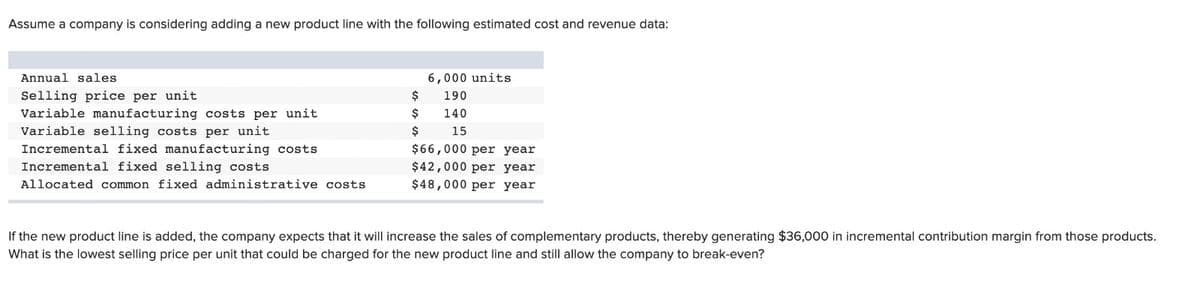 Assume a company is considering adding a new product line with the following estimated cost and revenue data:
Annual sales
Selling price per unit
Variable manufacturing costs per unit
Variable selling costs per unit
Incremental fixed manufacturing costs
Incremental fixed selling costs
Allocated common fixed administrative costs
$
$
$
6,000 units
190
140
15
$66,000 per year
$42,000 per year
$48,000 per year
If the new product line is added, the company expects that it will increase the sales of complementary products, thereby generating $36,000 in incremental contribution margin from those products.
What is the lowest selling price per unit that could be charged for the new product line and still allow the company to break-even?