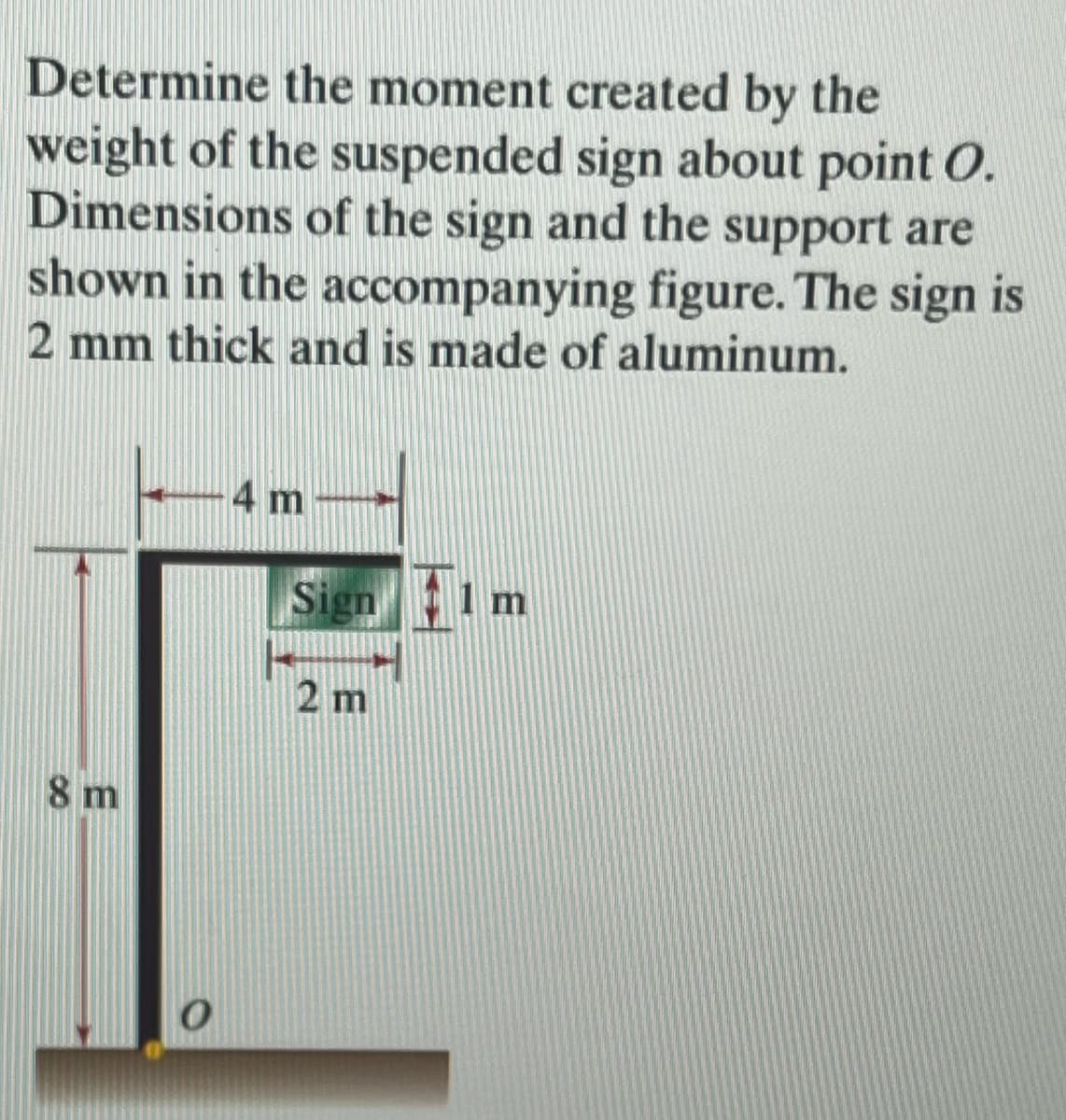 Determine the moment created by the
weight of the suspended sign about point O.
Dimensions of the sign and the support are
shown in the accompanying figure. The sign is
2 mm thick and is made of aluminum.
8 m
4 m
Sign 1 m
2 m