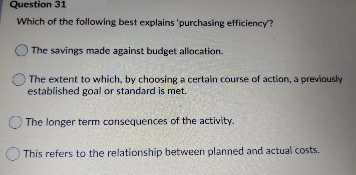 Question 31
Which of the following best explains 'purchasing efficiency'?
The savings made against budget allocation.
The extent to which, by choosing a certain course of action, a previously
established goal or standard is met.
The longer term consequences of the activity.
O This refers to the relationship between planned and actual costs.
