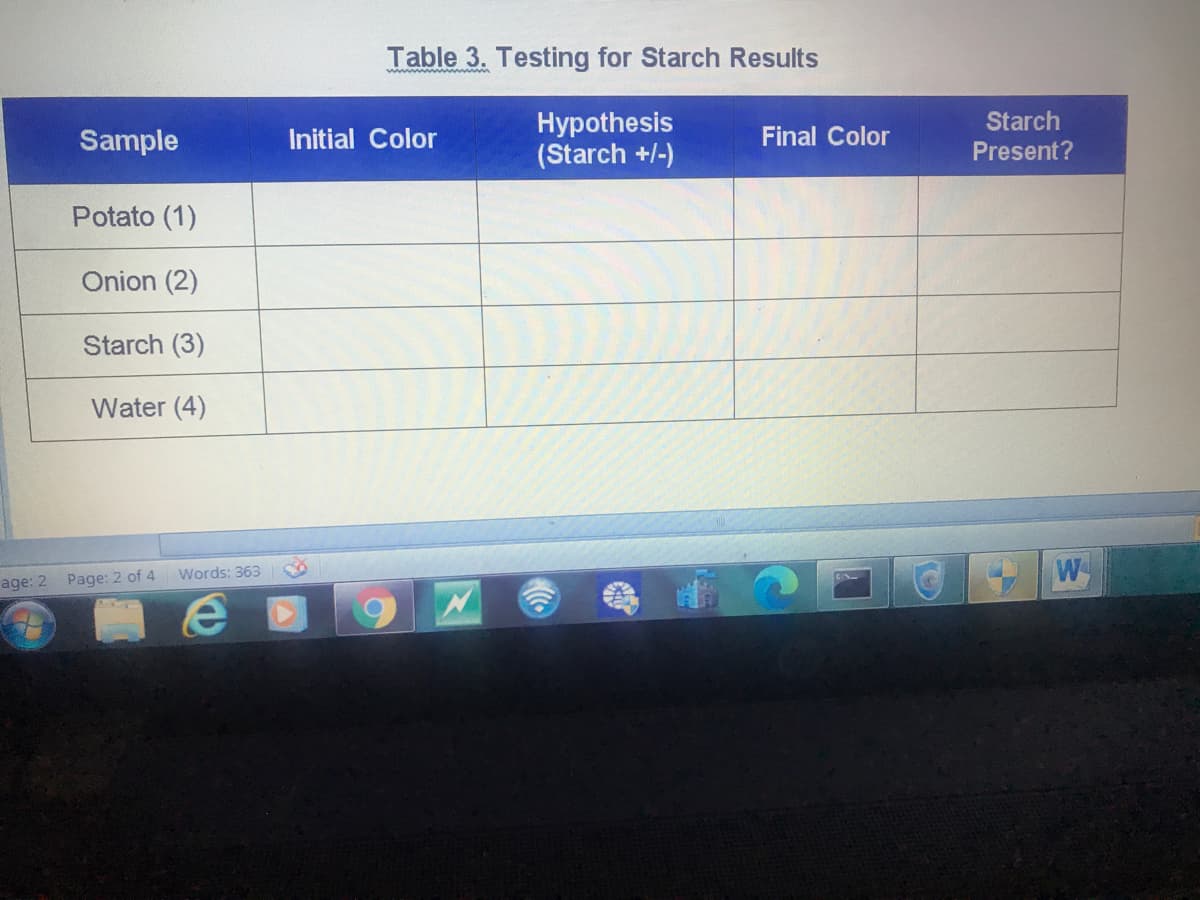 Table 3. Testing for Starch Results
ww ww m www
Hypothesis
(Starch +/-)
Starch
Present?
Sample
Initial Color
Final Color
Potato (1)
Onion (2)
Starch (3)
Water (4)
W
Words: 363
age: 2 Page: 2 of 4
