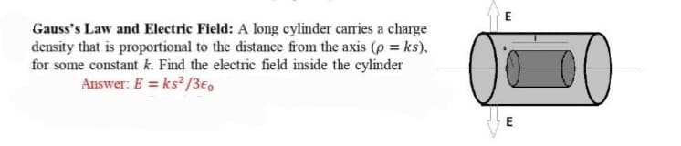 Gauss's Law and Electric Field: A long cylinder carries a charge
density that is proportional to the distance from the axis (p = ks).
for some constant k. Find the electric field inside the cylinder
Answer: E = ks²/3€0
E
E
00