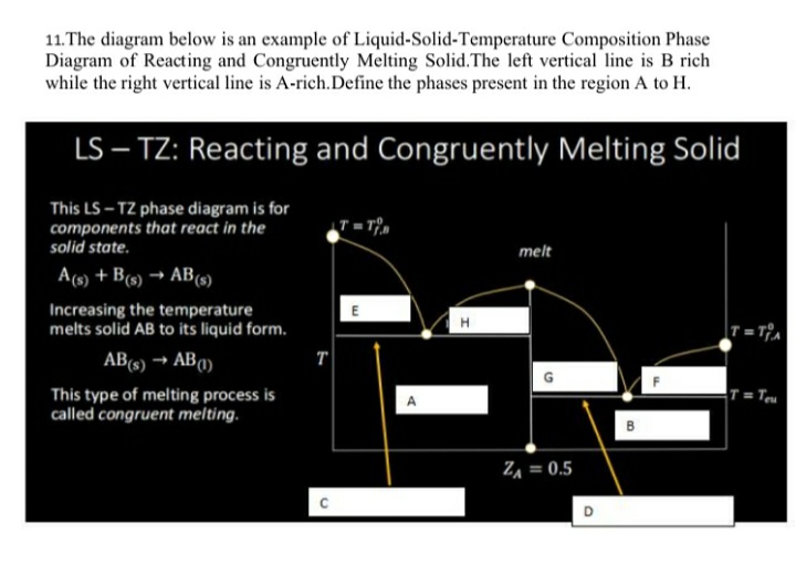 11.The diagram below is an example of Liquid-Solid-Temperature Composition Phase
Diagram of Reacting and Congruently Melting Solid.The left vertical line is B rich
while the right vertical line is A-rich.Define the phases present in the region A to H.
LS – TZ: Reacting and Congruently Melting Solid
This LS- TZ phase diagram is for
components that react in the
solid state.
melt
A(s) + B(s) → AB(s)
Increasing the temperature
melts solid AB to its liquid form.
E
AB(s) → AB(1)
T
T = Tru
This type of melting process is
called congruent melting.
ZA = 0.5
D
