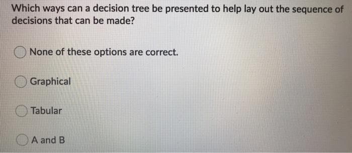 Which ways can a decision tree be presented to help lay out the sequence of
decisions that can be made?
None of these options are correct.
Graphical
Tabular
A and B