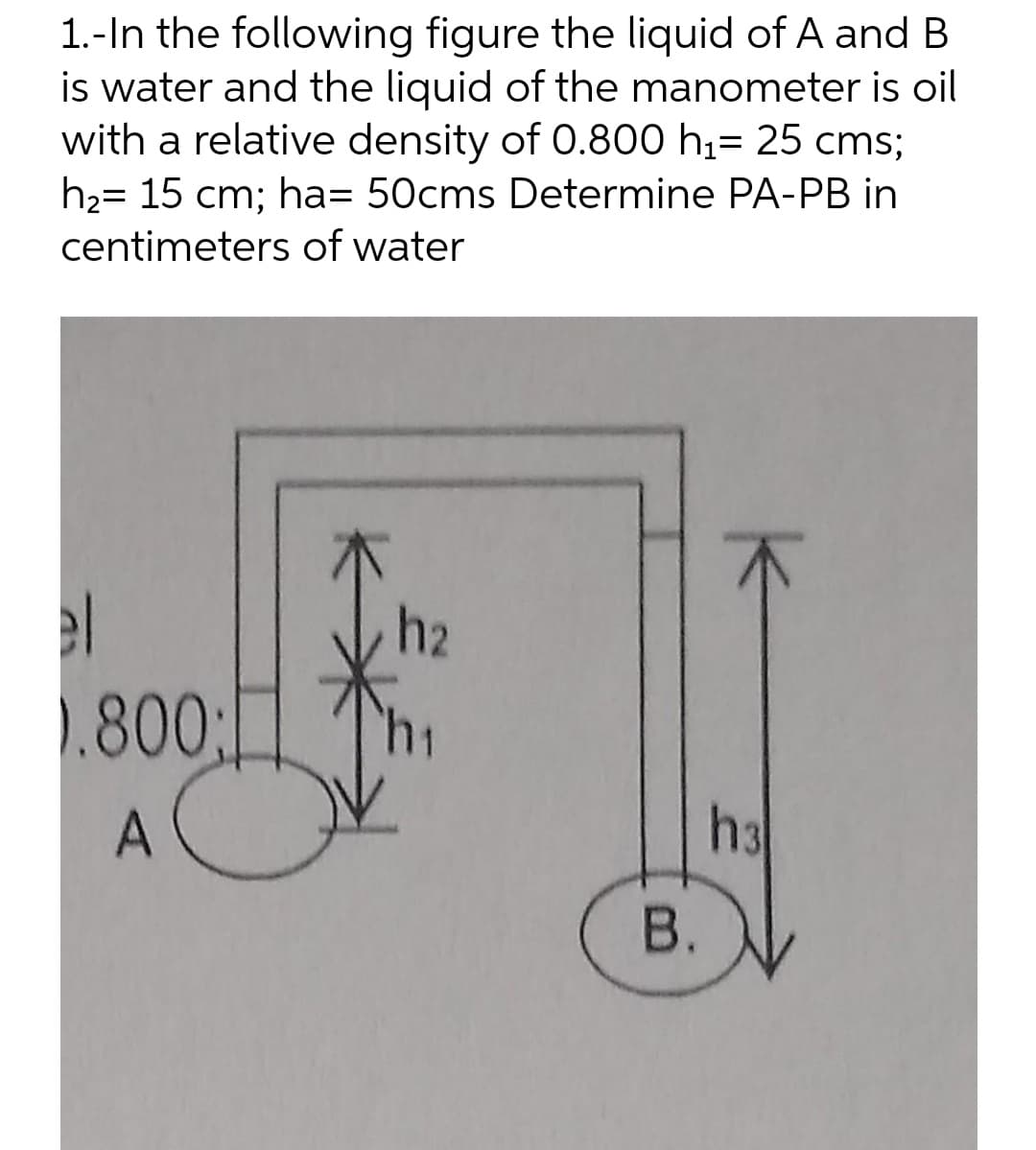 1.- In the following figure the liquid of A and B
is water and the liquid of the manometer is oil
with a relative density of 0.800 h₁= 25 cms;
h₂= 15 cm; ha= 50cms Determine PA-PB in
centimeters of water
el
h2
h3
.800;
A
B.
