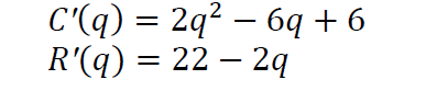 C'(q) = 2q? – 6q +6
R'(q) = 22 – 2q
%3D
