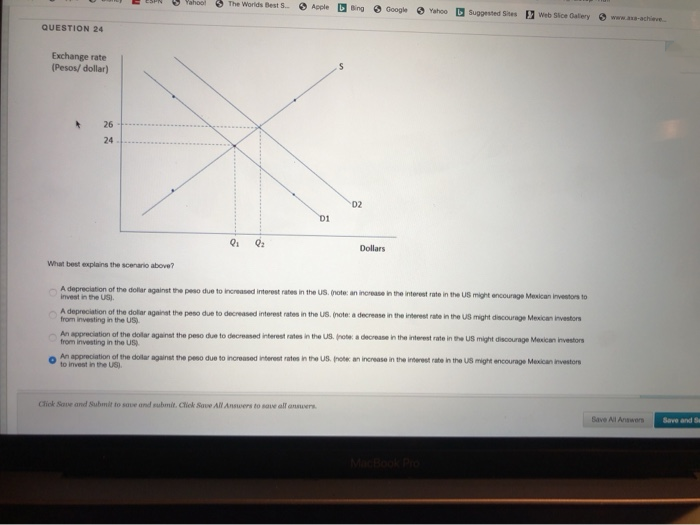 QUESTION 24
Exchange rate
(Pesos/ dollar)
*
26
24
Yahoo!
The Worlds Best S...
Q₁ Q₂
Apple
D1
Bing
D2
Dollars
Click Save and Submit to save and submit. Click Save All Answers to save all answers.
Google
Yahoo
What best explains the scenario above?
A depreciation of the dollar against the peso due to increased interest rates in the US. (note: an increase in the interest rate in the US might encourage Mexican investors to
invest in the US).
Suggested Sites Web Slice Gallery www.axa-achieve
A depreciation of the dollar against the peso due to decreased interest rates in the US. (note: a decrease in the interest rate in the US might discourage Mexican investors
from investing in the US).
An appreciation of the dollar against the peso due to decreased interest rates in the US. (note: a decrease in the interest rate in the US might discourage Mexican investors
from investing in the US)
An appreciation of the dollar against the peso due to increased interest rates in the US. (note: an increase in the interest rate in the US might encourage Mexican investors
to invest in the US).
MacBook Pro
Save All Answers
Save and Se