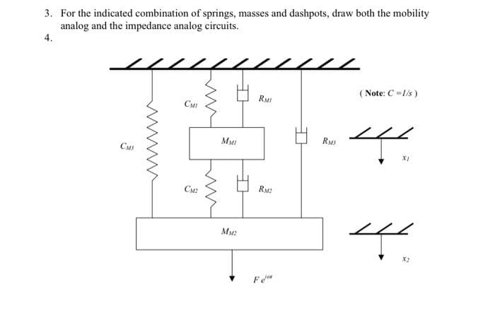 3. For the indicated combination of springs, masses and dashpots, draw both the mobility
analog and the impedance analog circuits.
4.
( Note: C =1/s)
RMI
RM3
MMI
CM5
CM?
RM2
MM2
X2
