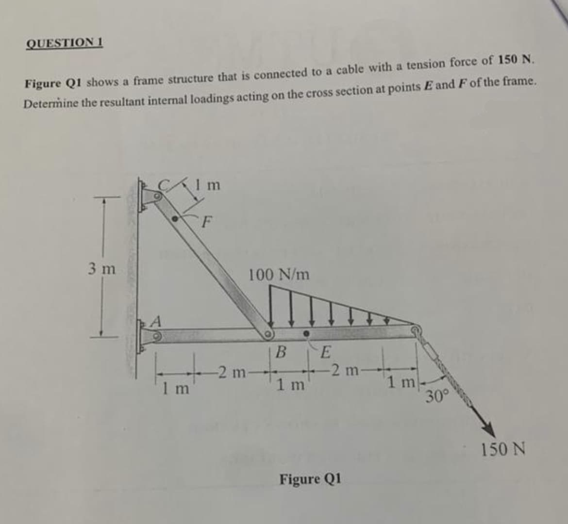 QUESTION 1
Figure Q1 shows a frame structure that is connected to a cable with a tension force of 150 N.
Determine the resultant internal loadings acting on the cross section at points E and F of the frame.
3 m
1 m
I m
F
100 N/m
B
E
-2 m-
-2 m-
1 m
1 m
30°
Figure Q1
150 N