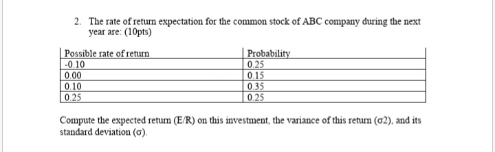 2. The rate of returm expectation for the common stock of ABC company during the next
year are: (10pts)
Possible rate of return
-0.10
0.00
0.10
0.25
Probability
0.25
0.15
0.35
0.25
Compute the expected retum (E/R) on this investment, the variance of this return (02), and its
standard deviation (o).
