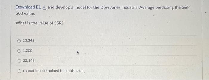 Download E1 and develop a model for the Dow Jones Industrial Average predicting the S&P
500 value.
What is the value of SSR?
23,345
1,200
22,145
cannot be determined from this data