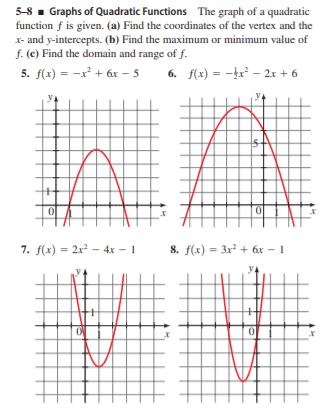 5-8- Graphs of Quadratic Functions The graph of a quadratic
function f is given. (a) Find the coordinates of the vertex and the
x- and y-intercepts. (b) Find the maximum or minimum value of
f. (e) Find the domain and range of f.
5. f(x) = -x² + 6x – 5
6. f(x) = -x² – 2x + 6
7. f(x) = 2x2 - 4x – 1
8. f(x) = 3x + 6x – 1
