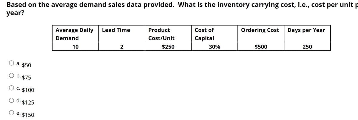 Based on the average demand sales data provided. What is the inventory carrying cost, i.e., cost per unit p
year?
Cost of
Ordering Cost Days per Year
Average Daily Lead Time
Product
Cost/Unit
$250
Capital
Demand
250
$500
10
2
a. $50
O b. $75
O C. $100
O d. $125
e.
. $150
30%