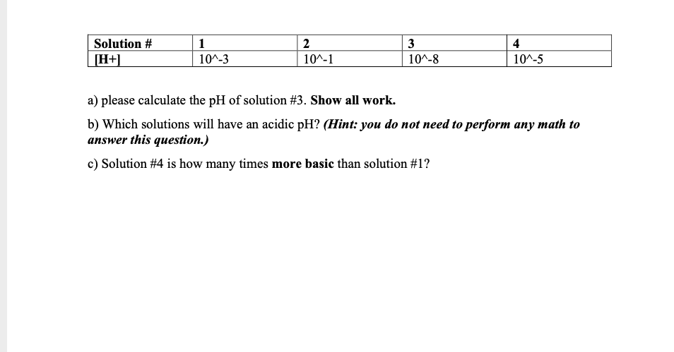 Solution #
[H+]
1
3
4
10^-3
10^-1
10^-8
10^-5
a) please calculate the pH of solution #3. Show all work.
b) Which solutions will have an acidic pH? (Hint: you do not need to perform any math to
answer this question.)
c) Solution #4 is how many times more basic than soluti
#1?
