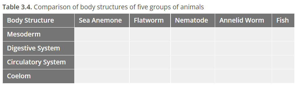 Table 3.4. Comparison of body structures of five groups of animals
Body Structure
Sea Anemone
Flatworm
Nematode
Annelid Worm
Fish
Mesoderm
Digestive System
Circulatory System
Coelom

