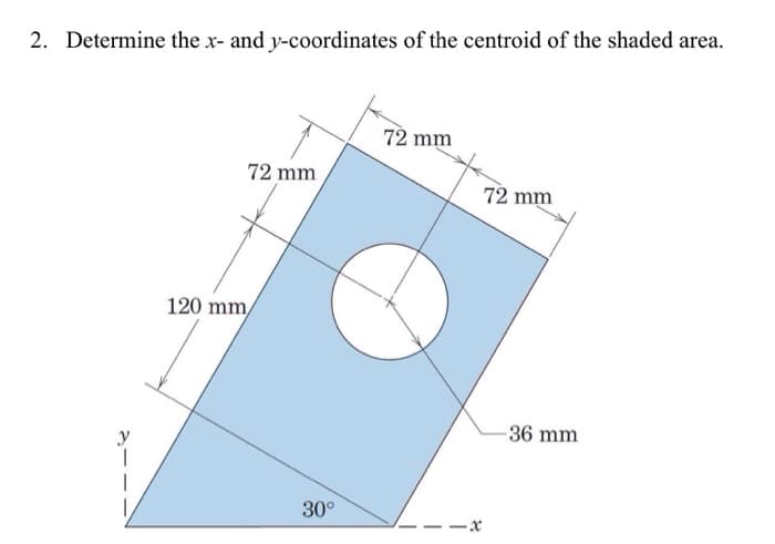 2. Determine the x- and y-coordinates of the centroid of the shaded area.
1
72 mm
120 mm/
30°
72 mm
x
72 mm
-36 mm