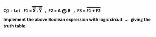 Q1: Let
F1 =X.V, F2 A OB, F3 F1+ F2
Implement the above Boolean expression with logic circuit . giving the
truth table.
