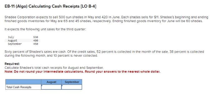 E8-11 (Algo) Calculating Cash Receipts [LO 8-4]
Shadee Corporation expects to sell 500 sun shades In May and 420 in June. Each shades sells for $11. Shadee's beginning and ending
finished goods Inventories for May are 65 and 45 shades, respectively. Ending finished goods Inventory for June will be 60 shades.
It expects the following unit sales for the third quarter:
July
August
September
5:30
490
450
Sixty percent of Shadee's sales are cash. Of the credit sales, 52 percent is collected in the month of the sale. 38 percent is collected
during the following month, and 10 percent is never collected.
Required:
Calculate Shadee's total cash receipts for August and September.
Note: Do not round your intermediate calculations. Round your answers to the nearest whole dollar.
Total Cash Receipts
August
September