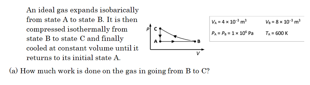 An ideal gas expands isobarically
from state A to state B. It is then
compressed isothermally from
state B to state C and finally
cooled at constant volume until it
returns to its initial state A.
(a) How much work is done on the gas in going from B to C?
VA = 4 x 10-³ m³
PA
PB = 1 x 106 Pa
VB = 8 x 10-³ m³
TA = 600 K