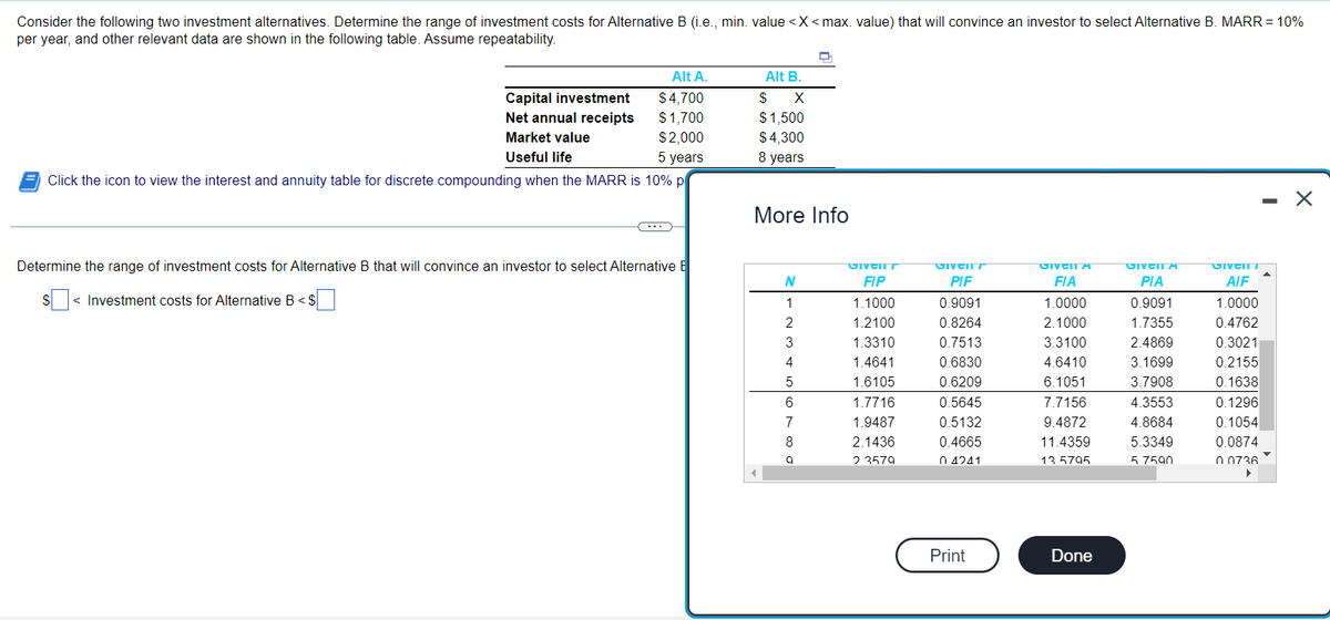 Consider the following two investment alternatives. Determine the range of investment costs for Alternative B (i.e., min. value < X <max. value) that will convince an investor to select Alternative B. MARR = 10%
per year, and other relevant data are shown in the following table. Assume repeatability.
Alt A.
$4,700
$ 1,700
$2,000
5 years
Click the icon to view the interest and annuity table for discrete compounding when the MARR is 10% p
Capital investment
Net annual receipts
Market value
Useful life
Determine the range of investment costs for Alternative B that will convince an investor to select Alternative E
S
< Investment costs for Alternative B < $
Alt B.
$ X
$1,500
$ 4,300
8 years
More Info
N
1
2
3
4
5
6
7
8
9
GIVITT
FIP
1.1000
1.2100
1.3310
1.4641
1.6105
1.7716
1.9487
2.1436
2 3579
GIVIT
PIF
0.9091
0.8264
0.7513
0.6830
0.6209
0.5645
0.5132
0.4665
04241
Print
GIVITA
FIA
1.0000
2.1000
3.3100
4.6410
6.1051
7.7156
9.4872
11.4359
13 5795
Done
GIVGTA
PIA
0.9091
1.7355
2.4869
3.1699
3.7908
4.3553
4.8684
5.3349
5 7590
Ivanा
AIF
1.0000
0.4762
0.3021
0.2155
0.1638
0.1296
0.1054
0.0874
0.0736
▶
-
X