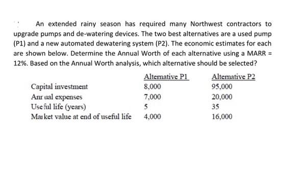 An extended rainy season has required many Northwest contractors to
upgrade pumps and de-watering devices. The two best alternatives are a used pump
(P1) and a new automated dewatering system (P2). The economic estimates for each
are shown below. Determine the Annual Worth of each alternative using a MARR =
12%. Based on the Annual Worth analysis, which alternative should be selected?
Alternative P1
8,000
7,000
5
4,000
Capital investment
Anrual expenses
Useful life (years)
Market value at end of useful life
Alternative P2
95,000
20,000
35
16,000